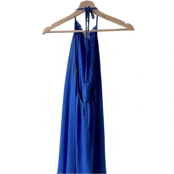 Blue silk halter dress size small high low backless colorblock flowy bohemian - Picture 3 of 8